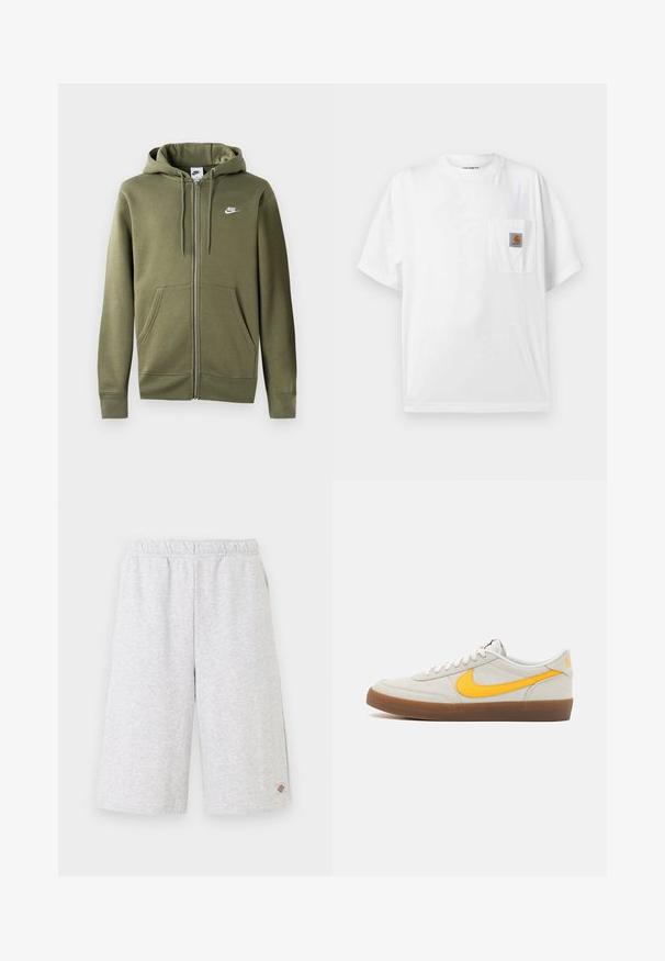 Haut à capuche zippé vert olive en tissu doux, doté d'une fermeture éclair à l'avant, de deux poches latérales et d'un logo Nike blanc sur la poitrine gauche.; T-shirt blanc à manches courtes avec col rond et poche poitrine avec un petit patch logo Carhartt marron et noir.; Shorts gris clair longueur genou avec taille élastique et petit logo de la marque sur la partie inférieure de la jambe gauche.; Baskets Nike en daim gris clair avec un swoosh jaune, des lacets blancs et une semelle en caoutchouc brun. Présente une finition texturée et un col rembourré.