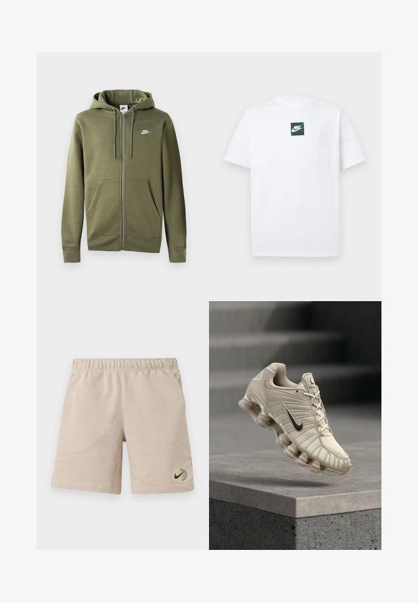 Haut à capuche zippé vert olive en tissu doux, doté d'une fermeture éclair à l'avant, de deux poches latérales et d'un logo Nike blanc sur la poitrine gauche.; T-shirt Nike blanc à manches courtes avec un petit logo carré vert présentant le swoosh Nike et du texte centré sur la poitrine.; Shorts en coton beige avec ceinture élastique, poches latérales, et petit logo Nike Swoosh noir sur un globe vert et jaune près de l'ourlet.; Chaussure de course Nike beige avec swoosh noir, empeigne respirante et semelle segmentée distinctive, posée au-dessus d'une plateforme en béton.