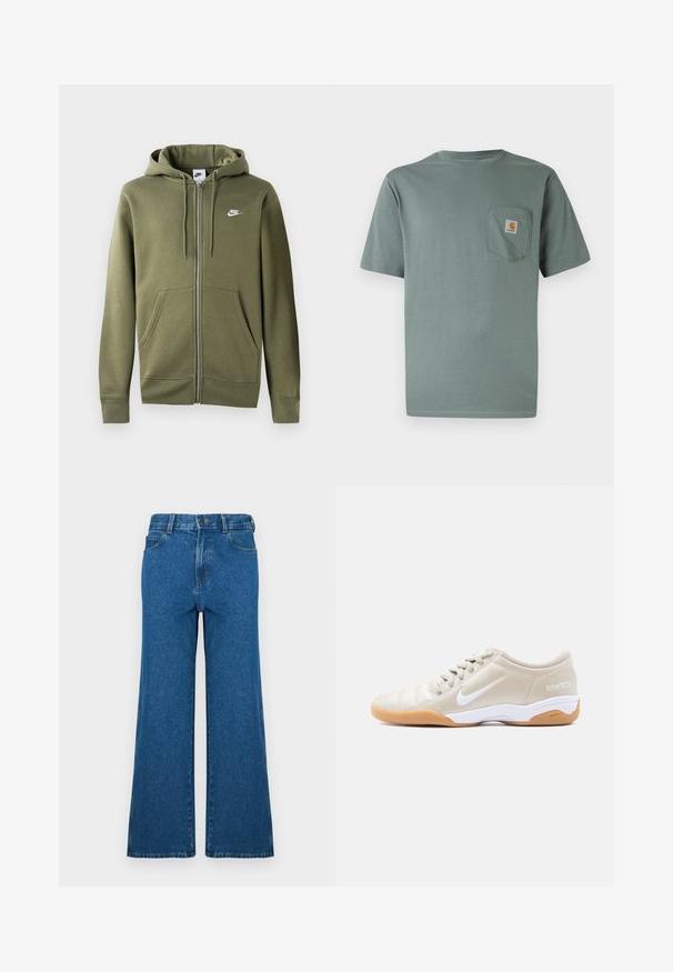Oliivroheline tasku ja eessuunaga kapuutsiga jope pehmest kangast, millel on esine tõmblukk, kaks küljetaskut ja valge Nike logo vasakul rinnal.; Heleroheline lühikeste varrukatega puuvillane t-särk, millel on rinnatasku koos logoga. Pehme tekstuur ja klassikaline ümarläikega kaelus.; Lainelised teksapüksid sinises denimis. Omavad klassikalist viiepõhjalist disaini, nööpidega sulgemist ja pleekinud tekstuuri. Sirge äärejoon peene õmblusega.; Beežid Nike Total 90 III sisejalgpalli tossud valge logo, valge kesktallaga, kummisest pruunist tallaga ja beežide paeltega, näidatud külgvaates.