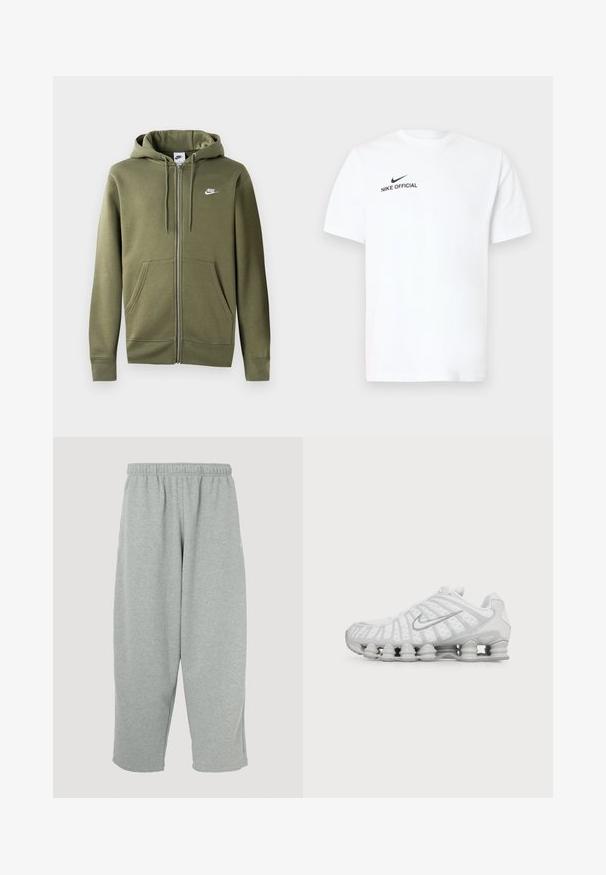 Olivengrøn zip-up hoodie i blødt stof med en frontlynlås, to sidelommer og et hvidt Nike-logo på venstre bryst.; Hvid bomulds T-shirt med korte ærmer. Har en sort "Nike Official"-logo og en sort swoosh på venstre brystside.; Lysegrå joggingbukser med elastisk taljebånd, konisk ben-design og blød tekstur. Ingen synligt mærke eller mønstre.; Hvid Nike løbesko med synlig luftstøbt sål og sølv swoosh-logo på siden, vist fra ydersiden.