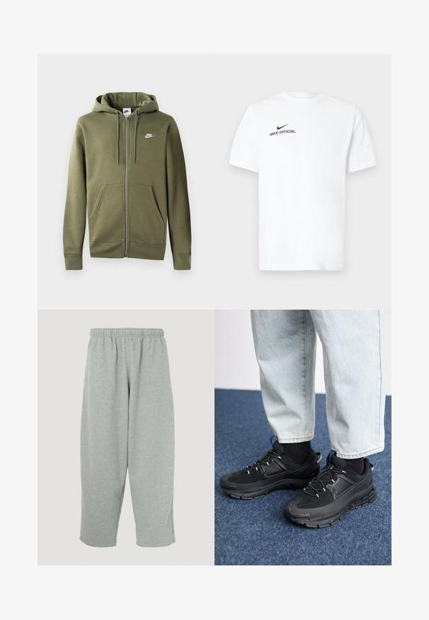 Olivgrüne Zip-Hoodie aus weichem Material mit einem Frontreißverschluss, zwei Seitentaschen und einem weißen Nike-Logo auf der linken Brust.; Weißes Baumwoll-T-Shirt mit kurzen Ärmeln. Es zeigt ein schwarzes "Nike Official"-Logo und einen schwarzen Swoosh auf der linken Brustseite.; Hellgraue Jogginghose mit elastischem Bund, schmal zulaufendem Bein und weicher Textur. Keine sichtbaren Markenlogos oder Muster.; Schwarze Sportschuhe aus strukturiertem Stoff mit Gummisohlen, ausgestattet mit elastischen Schnürsenkeln und einem blauen Akzent an der Ferse. Getragen mit hellen Jeans.