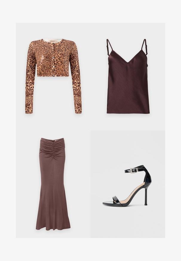 Leoparden-Print Cropped Cardigan, mit langen Ärmeln, Knopfverschluss und einem strukturierten Strickstoff mit glänzendem Akzent.; Dunkelbraunes Satin-Camisole-Top mit verstellbaren Spaghettiträgern und V-Ausschnitt auf weißem Hintergrund.; Malina MAJORI RUCHED - Maxirock - chocolate; Schwarzer Riemchensandale aus Lackleder mit hohem Absatz und Knöchelriemen. Verfügt über ein minimalistisches Design, offene Zehenpartie und eine Schnalle mit Strassakzenten.