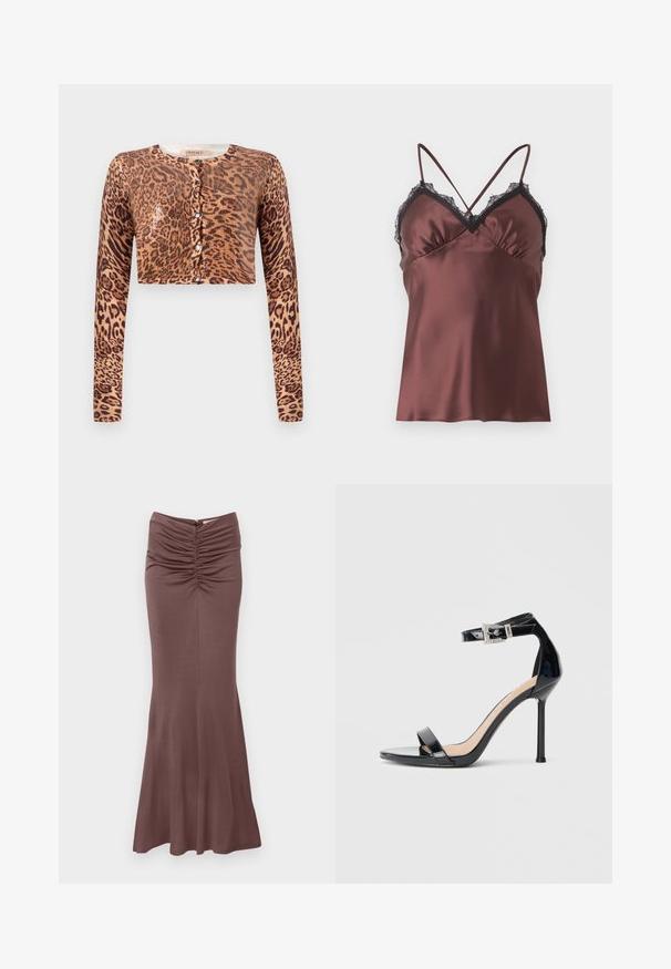 Leopardi-kuosi lyhyt neuletakki, jossa on pitkät hihat, nappilukitus ja teksturoitu neulottu kangas, jossa on kiiltävä yksityiskohta.; Topshop TRIM - Toppi - chocolate brown; Malina MAJORI RUCHED - Maksihame - chocolate; Musta kiiltävä nahkainen korkokengän sandaali, jossa nilkkahihna. Siinä on minimalistinen muotoilu, avoin varvas ja strassikoristeltu solki.
