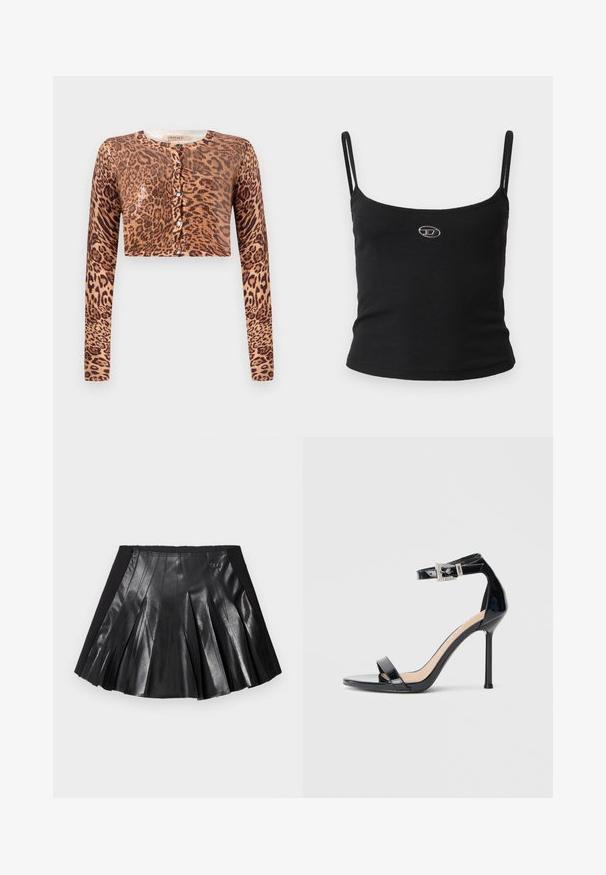 Leoparden-Print Cropped Cardigan, mit langen Ärmeln, Knopfverschluss und einem strukturierten Strickstoff mit glänzendem Akzent.; Schwarzes, geripptes Camisole-Oberteil mit dünnen Trägern und einem kleinen metallischen Logo in der Mitte. Der Stoff wirkt dehnbar und figurbetont.; Schwarzer Faltenrock mit glänzendem Leder vorne und einem einfarbigen schwarzen Bund mit kleinem Metallakzent. Strukturierte Lederpaneele vervollständigen das Design.; Schwarzer Riemchensandale aus Lackleder mit hohem Absatz und Knöchelriemen. Verfügt über ein minimalistisches Design, offene Zehenpartie und eine Schnalle mit Strassakzenten.