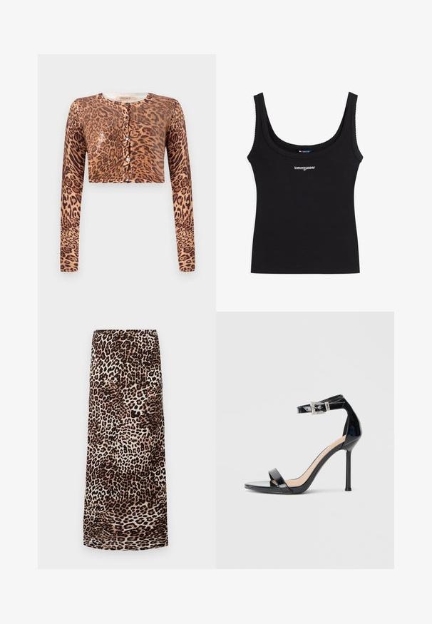 Kardigan i leopardmønster, med lange ærmer, knaplukning og et struktureret strikket stof med en blank detalje.; Sort ribbet tanktop med brede stropper og hvidt broderet "tommy jeans" logo centreret under halsudskæringen.; Leopardprint midi-nederdel med glat stof, naturlige nuancer af beige og brune, med lige snit og uden synlige detaljer eller udsmykninger.; Sort højhælet sandal i laklæder med ankelrem. Har minimalistisk design, åben tå og spænde med rhinsten-detaljer.