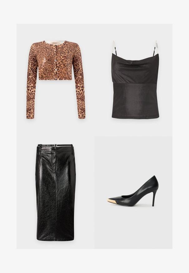 Leoparden-Print Cropped Cardigan, mit langen Ärmeln, Knopfverschluss und einem strukturierten Strickstoff mit glänzendem Akzent.; Schwarzes ärmelloses Satinoberteil mit Wasserfallausschnitt und dünnen goldenen Kettenträgern auf weißem Hintergrund.; Schwarzer Bleistiftrock aus Kunstleder mit glänzendem Finish, knielang und figurbetont. Mit Reißverschluss und einem einzelnen Knopf an der Taille.; Schwarzer Leder-Pumps mit hohen Absätzen und spitzem Zehenbereich; verfügt über einen metallisch goldenen Akzent auf der Zehenkappe. Glatte Oberfläche mit einem eleganten Design.