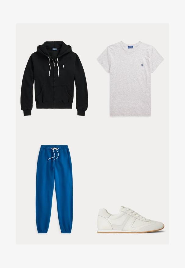 Sweat à capuche noir zippé avec cordons blancs, poches avant, poignets côtelés et petit logo blanc Polo Ralph Lauren sur la poitrine gauche.; T-shirt Polo Ralph Lauren gris clair à manches courtes et col rond avec petit logo brodé bleu foncé sur la poitrine gauche.; Pantalon de survêtement bleu à taille élastique avec cordon blanc et poignets aux chevilles, posé à plat sur un fond blanc.; Baskets basses blanches avec laçage à l'avant, panneaux en daim et cuir, et une semelle en caoutchouc marron clair sur fond blanc.
