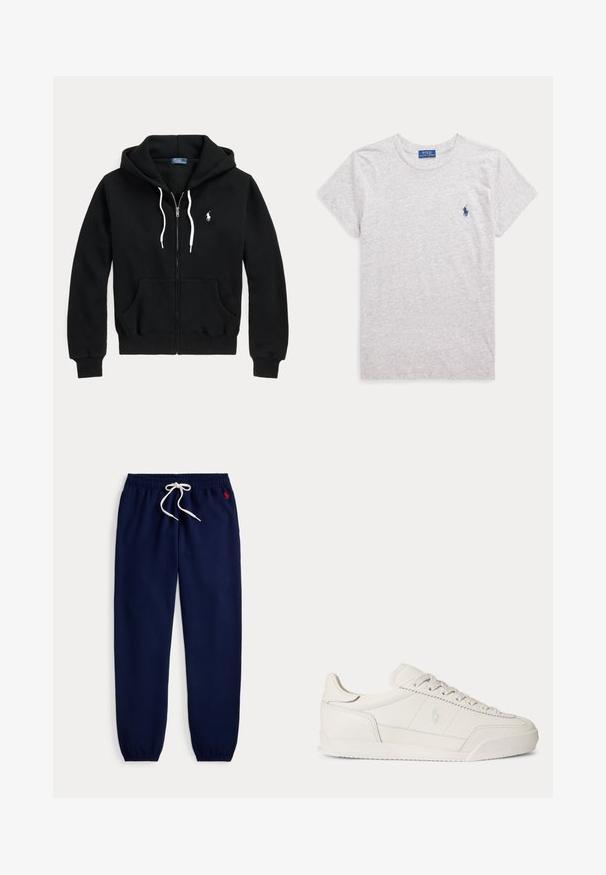 Sweat à capuche noir zippé avec cordons blancs, poches avant, poignets côtelés et petit logo blanc Polo Ralph Lauren sur la poitrine gauche.; T-shirt Polo Ralph Lauren gris clair à manches courtes et col rond avec petit logo brodé bleu foncé sur la poitrine gauche.; Pantalon de jogging bleu marine avec taille et poignets élastiques, cordon blanc et petit logo rouge sur le haut à gauche.; Basket basse en cuir blanc avec lacets, semelle texturée et logo discret sur le côté, vue de profil sur un fond uni.