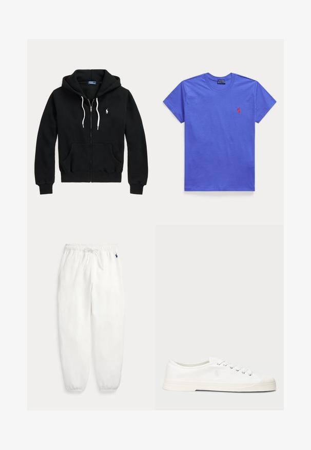 Sweat à capuche noir zippé avec cordons blancs, poches avant, poignets côtelés et petit logo blanc Polo Ralph Lauren sur la poitrine gauche.; T-shirt bleu uni à manches courtes et col rond avec un petit logo Polo Ralph Lauren rouge brodé sur la poitrine gauche.; Pantalon de survêtement en polaire blanche avec taille et poignets élastiques, cordon de serrage, et petit logo brodé bleu foncé sur la hanche gauche.; Sneaker en toile blanche avec un bout rond, fermeture lacée et un détail de logo discret. Caractéristiques d'un tissu texturé et d'une semelle en caoutchouc.
