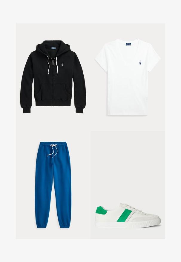 Sweat à capuche noir zippé avec cordons blancs, poches avant, poignets côtelés et petit logo blanc Polo Ralph Lauren sur la poitrine gauche.; T-shirt blanc à manches courtes avec col en V et petit logo Polo Ralph Lauren bleu marine sur la poitrine gauche.; Pantalon de survêtement bleu à taille élastique avec cordon blanc et poignets aux chevilles, posé à plat sur un fond blanc.; Baskets blanches avec des accents en daim vert, présentant une semelle en caoutchouc texturée, un système de laçage et une tige en cuir lisse.