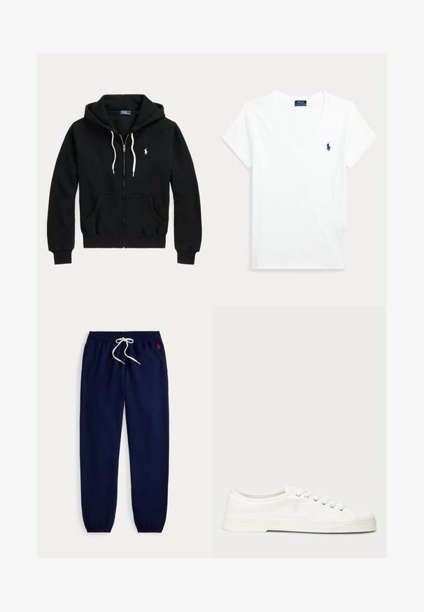 Sweat à capuche noir zippé avec cordons blancs, poches avant, poignets côtelés et petit logo blanc Polo Ralph Lauren sur la poitrine gauche.; T-shirt blanc à manches courtes avec col en V et petit logo Polo Ralph Lauren bleu marine sur la poitrine gauche.; Pantalon de jogging bleu marine avec taille et poignets élastiques, cordon blanc et petit logo rouge sur le haut à gauche.; Sneaker en toile blanche avec un bout rond, fermeture lacée et un détail de logo discret. Caractéristiques d'un tissu texturé et d'une semelle en caoutchouc.