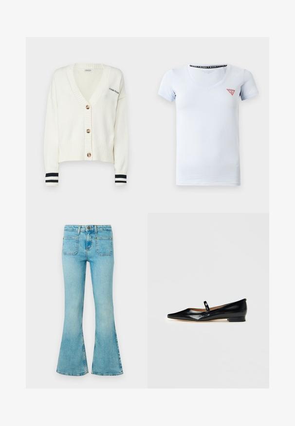 Hvid strikket cardigan med V-hals, prydet med fire store knapper samt sort-hvide striber på ærmerne. Teksten lyder "GUESS JEANS."; Lyseblå kortærmet V-hals t-shirt med et lille rødt og hvidt trekantet Guess-logo på venstre side af brystet.; Lyseblå flagrende jeans i denim, med høj talje, fem lommer og synlige sømme samt en falmet finish.; Sorte patenterede læder Mary Jane flade sko med spids tå, én rem og lav hæl på ensfarvet baggrund.