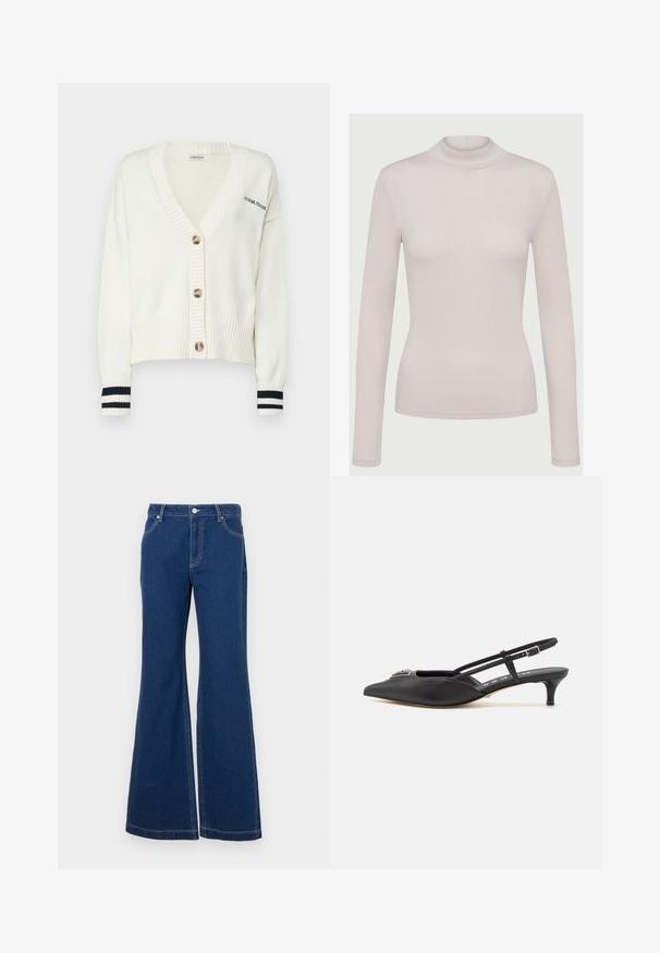 Valkoinen neulecardigan V-pääntiellä, jossa on neljä suurta nappia ja musta-valkoiset raidat hihoissa. Tekstissä lukee "GUESS JEANS."; Harmaa beigepitkähiha turtleneck-paita, joka on valmistettu pehmeästä ja joustavasta materiaalista. Tiukka muotoilu, jossa on uritetut pinnat ja normaali hihansuu.; Tummansiniset leveälahkeiset farkut, jotka on valmistettu denimistä. Ominaisuuksiin kuuluvat vyölenkit, etutaskut ja kontrastivärinen ommel. Leveä lahkeensuu.; Mustat slingback-kengät, joissa on terävä kärki, valmistettu sileästä materiaalista, pieni korko ja koristeellinen hopeinen yksityiskohta kengän päällä.