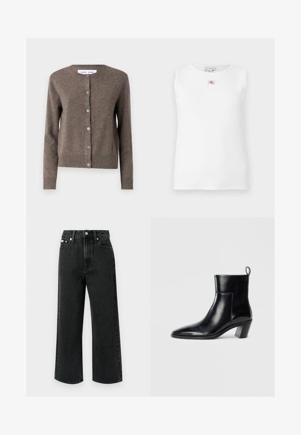 Samsøe Samsøe Kardigan - grey blue mel.; Valge varrukateta soonikust tank-top, mille allääres on väike punane ja must Calvin Kleini logo, mis asub kaelakaare all keskel.; Laiade säärega mustad teksad, millel on kõrge talje, kaks esist taskut, üks tagumine tasku ja nuppude kinnitus hõbedase detailiga.; Must musta saapad terava nina, geomeetrilise kuuega ja tagaküljel tõmberaudaga. Sile tekstuur ja läikiv disain.