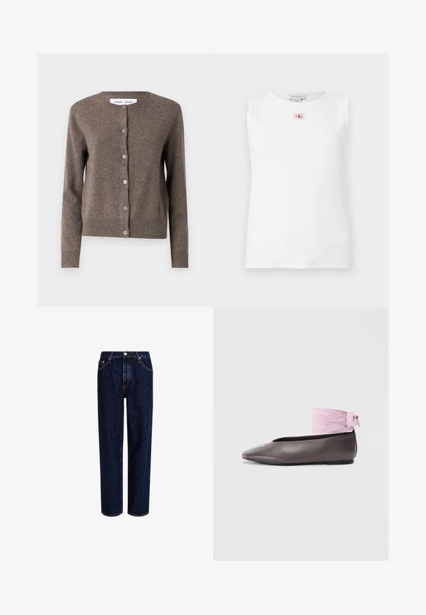 Samsøe Samsøe Chaqueta de punto - grey blue mel.; Camiseta sin mangas blanca de canalé con pequeño logo de Calvin Klein en rojo y negro centrado debajo del cuello.; Jeans de mezclilla azul oscuro con un diseño de pierna recta, que presentan una cintura alta, estilo de cinco bolsillos y costuras en contraste. Sin adornos.; Zapato plano marrón con punta, detalle decorativo plateado y cinta rosa para el tobillo sobre fondo blanco.