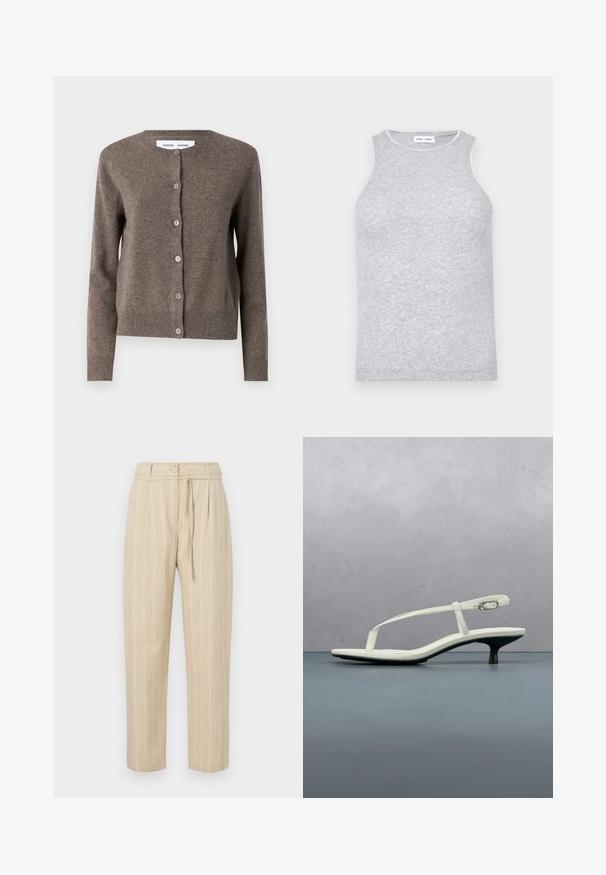 Samsøe Samsøe Kardigan - grey blue mel.; Hallita shirt, millel on hall värv ja mis on valmistatud tekstuuritud kudumiskangast. Seda iseloomustab ümmargune kaelus, mille ümber on kontrastne viimistlus.; Beezid ribadega püksid lõdva lõikega, millel on kokku tõmmatav vöökoht, nööbi sulgemine ja sidumisvöö, valmistatud kergest kangast.; Valge rihmadega kitten-kontsaga sandaal, millel on terav ninaosa, hõljumas puidust plaatpõranda kohal õues, taustal hägune taim ja sein.