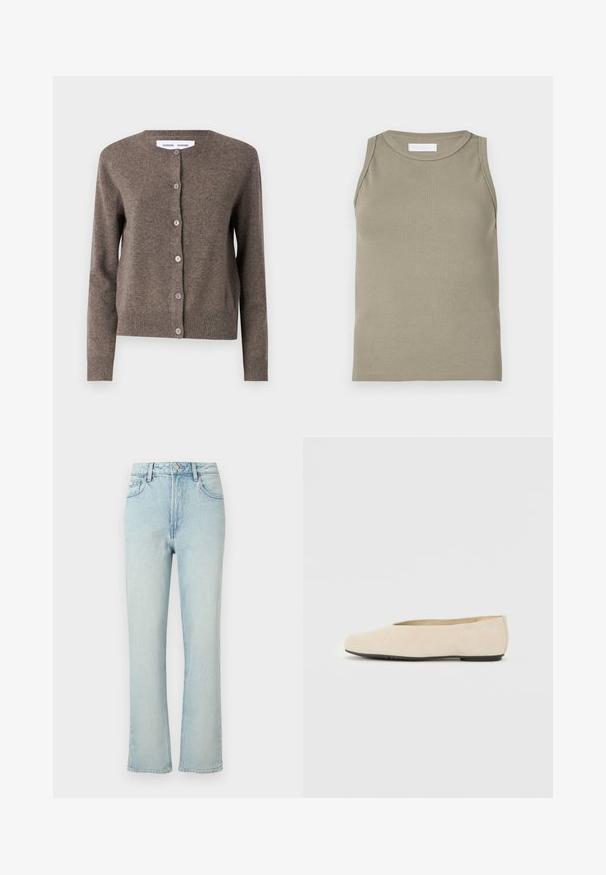 Samsøe Samsøe SABOSTON CARDIGAN 6304 - Kardigán - grey blue mel.; Rebrované tielko olivovej farby s okrúhlym výstrihom a bez rukávov. Vyrobené z mäkkého, elastického materiálu s priliehavým strihom.; Svetlomodré rifle s vysokým pásom a rovnými nohavicami, s predným gombíkom, opaskovými očkami a klasickým päťvreckovým dizajnom na jednofarebnom pozadí.; Béžové semišové baleríny s okrúhlou špičkou, plochou podrážkou a minimalisticým dizajnom. Hladký povrch bez viditeľného kovania alebo ozdôb.