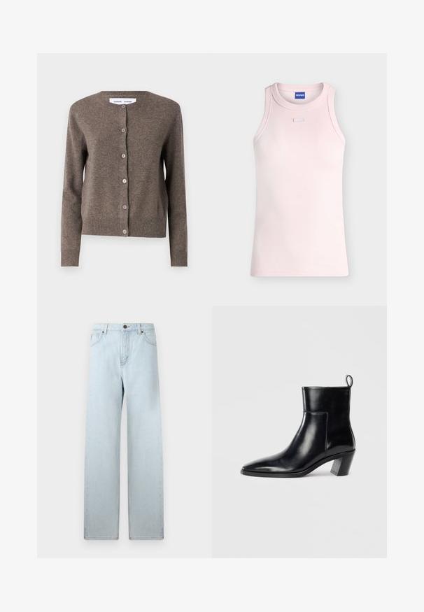 Samsøe Samsøe Chaqueta de punto - grey blue mel.; Camiseta sin mangas de canalé en rosa claro con escote redondo y pequeño detalle rectangular de tela debajo del cuello, etiqueta HUGO en el interior del cuello.; Jeans de pierna ancha de color azul claro con cintura alta, bolsillos frontales y cierre de botón. Textura de mezclilla suave, mínimo desgaste, diseño de pierna recta.; Botín de piel negra hasta el tobillo con punta afilada, tacón apilado geométrico y una lengüeta en la parte posterior. Textura suave y diseño elegante.