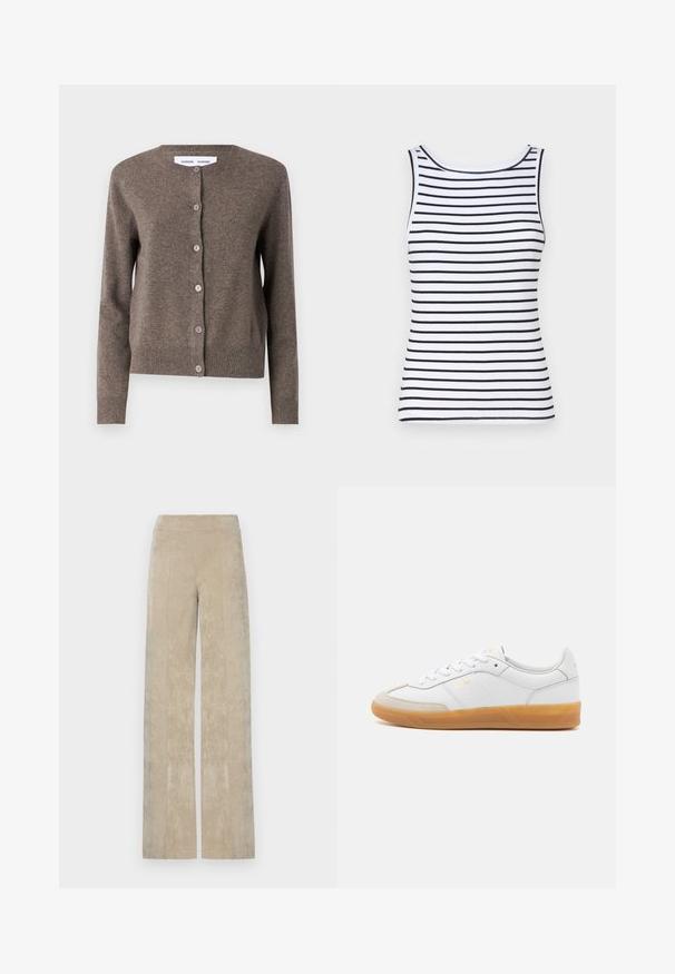Samsøe Samsøe Chaqueta de punto - grey blue mel.; Camiseta sin mangas blanca con rayas horizontales negras, que presenta un escote redondo, textura acanalada y una silueta ceñida. Sin adornos ni detalles.; Pantalones de talle alto y pierna ancha en suave sarga de color beige claro, con acanalado vertical y una textura suave. Cintura plana para mayor comodidad.; Zapatilla de cuero blanca con acentos de ante beige, suela de goma y diseño de cordones. Presenta un sutil logo en dorado.