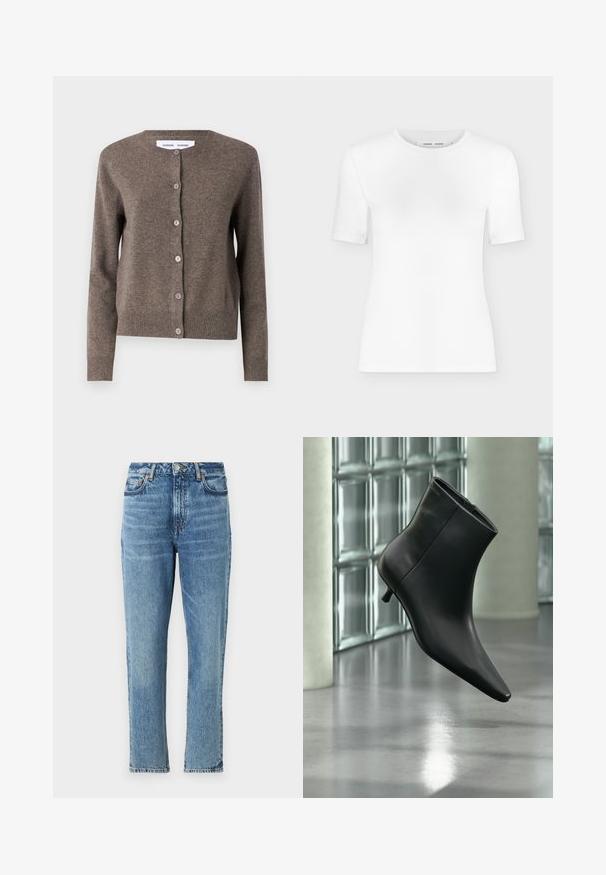 Samsøe Samsøe SABOSTON CARDIGAN 6304 - Gilet - grey blue mel.; T-shirt blanc à manches courtes avec col rond, coupe slim et texture de tissu côtelé, présenté sur un fond uni gris clair.; Jeans en denim bleu clair avec une taille haute, un design à jambe droite et une texture délavée. Comprend des accessoires en métal argenté et des coutures contrastées.; Bottine en cuir noir à bout pointu et petit talon kitten, présentée en angle devant un sol poli et un mur en blocs de verre.