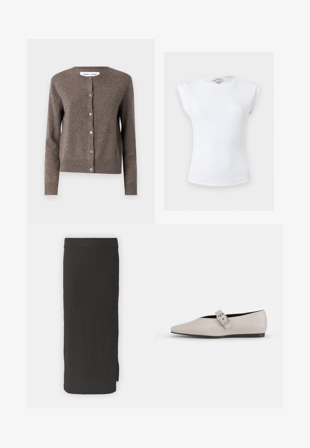 Samsøe Samsøe Kardigán - grey blue mel.; Biely rebrovaný tielko bez rukávov s vystuženými ramenami a okrúhlym výstrihom, veľkosť malá, značková etiketa Topshop vo vnútri goliera.; Čierna midi sukňa s ribovanou textúrou, rovnými líniami a bočným rozparkom. Hladký pás pre zvýšený komfort a moderný dizajn.; Béžová kožená plochá obuv s špicatou špičkou, bočným prackovým akcentom a nízkou čiernou podrážkou. Hladká textura a minimalistický dizajn.