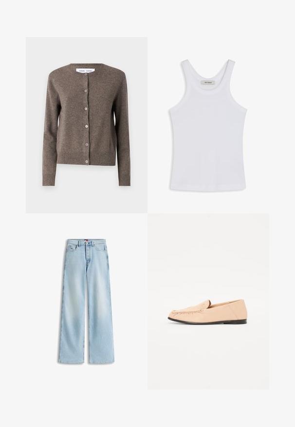 Samsøe Samsøe Kardigan - grey blue mel.; Valge t-särk, mis on valmistatud siledast kangast, ümmarguse kaelusega ja võimalike laia õlavarre rihmadega, sees oleval etikett on kirjas "IVY OAK."; Hele sinised sirge säärega teksapüksid ees oleva nööbi ja tõmblukuga, ees ja taga taskud ning väike brändi logo eesmisel taskul.; Beezad nahkka loafers, millel on õmmeldud detailid, lame must tald ja ümar varvas. Minimalistlik disain, ilma silmapaistva riistvara või aktsentideta.