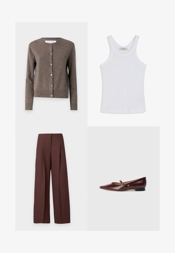 Samsøe Samsøe Kardigan - grey blue mel.; Valge t-särk, mis on valmistatud siledast kangast, ümmarguse kaelusega ja võimalike laia õlavarre rihmadega, sees oleval etikett on kirjas "IVY OAK."; Kõrge vöökohaga laia säärega pruunid püksid esikäevoldiste ja varjatud eesmise kinnitusega, esitatud valgel taustal.; Burgundi viimistletud nahast lamedad kingad terava nina ja dekoratiivse rihmaga jalanõu peal. Omab madalat musta kontsa.