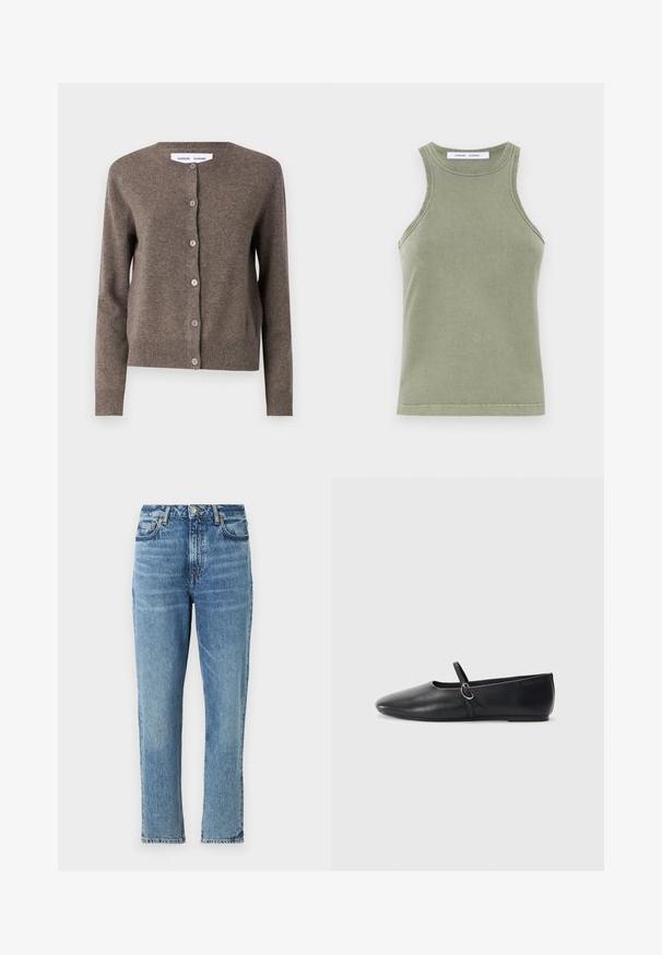 Samsøe Samsøe SABOSTON CARDIGAN 6304 - Gilet - grey blue mel.; Débardeur vert olive en coton doux, avec un col rond, sans manches et des bords cousus. Forme simple et ajustée.; Jeans en denim bleu clair avec une taille haute, un design à jambe droite et une texture délavée. Comprend des accessoires en métal argenté et des coutures contrastées.; Ballerines noires en cuir avec un bout pointu, une semelle plate et une petite sangle avec un détail de boucle en argent.