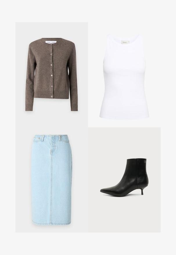 Samsøe Samsøe Ζακέτα - grey blue mel.; Λευκό ριμπ αγαπημένο μπλουζάκι με στρογγυλή λαιμόκοψη και χωρίς μανίκια. Ελαστικό ύφασμα και εφαρμοστή σχεδίαση. Οι ετικέτες στο πίσω μέρος αναγράφουν "GESTUZ."; Ανοιχτό μπλε τζην φούστα τύπου μολύβι με ψηλή μέση, σχέδιο πέντε τσέπες και διακριτές ραφές κατά μήκος των ραφών.; Μαύρο δερμάτινο μποτάκι γύρω από τον αστράγαλο με μυτερή μύτη και χαμηλό τακούνι σε ανοιχτό φόντο, εμφανίζει την εξωτερική πλευρά.