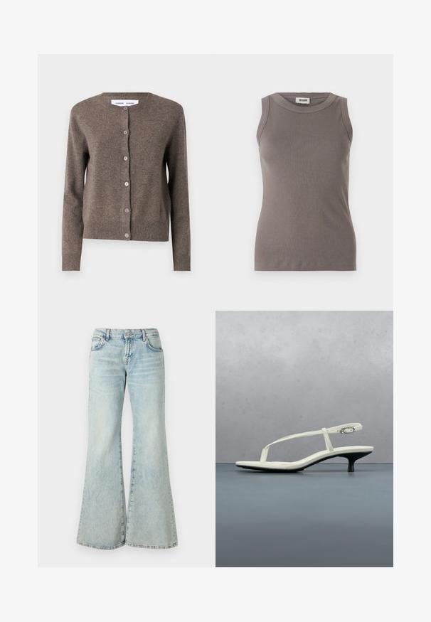 Samsøe Samsøe Chaqueta de punto - grey blue mel.; Top de tirantes gris con cuello redondo y diseño sin mangas, confeccionado en una suave tela texturizada. Silueta simple y ajustada.; Jeans acampanados de un azul claro, hechos de denim, con una cintura alta, bolsillos y dobladillos deshilachados. La tela presenta un lavado desvanecido y una textura sutil.; Sandalia blanca de tacón kitten con tiras y punta afilada, flotando sobre un suelo de baldosas de madera al aire libre, con un fondo desenfocado de plantas y pared.