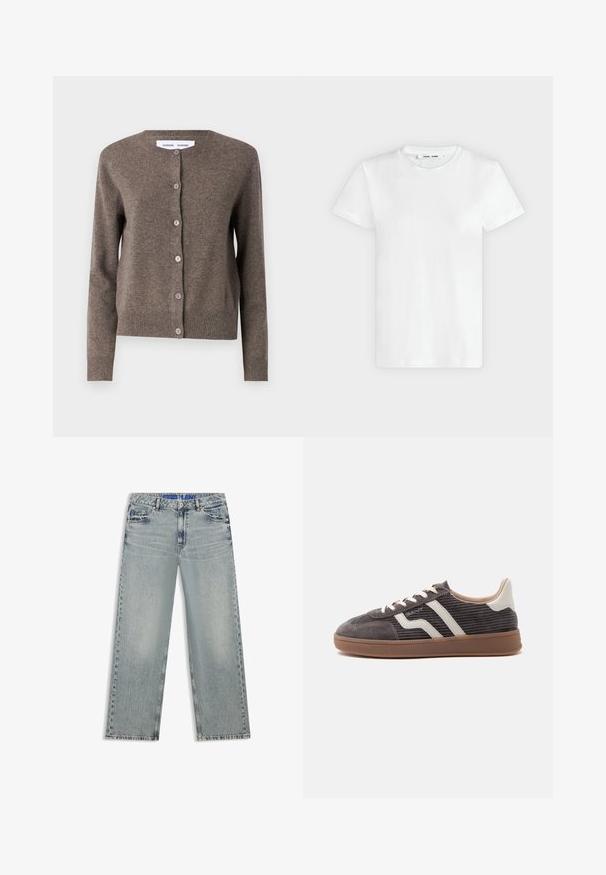 Samsøe Samsøe SABOSTON CARDIGAN 6304 - Gilet - grey blue mel.; T-shirt blanc uni à manches courtes et col rond, posé à plat sur un fond gris clair, montrant le devant avec l'étiquette à l'intérieur du col.; Jean large bleu clair en denim, avec des zones délavées, cinq poches et une ceinture bleue à logo.; Basket gris foncé unique avec des accents en cuir blanc, des côtés texturés, des lacets blancs et une semelle en caoutchouc marron, présentée de profil sur un fond uni.