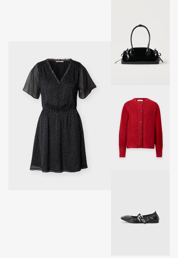 Rød strikket cardigan med rund halsudskæring, lange ærmer og seks sorte knapper foran. Blød struktur med en let løs pasform.; Sort kjole i let stof med korte flagrende ærmer, V-hals, indsnøret talje og hvidt prikket mønster over det hele.; Sorte læder flade sko med spids tå, samling detaljer omkring åbningen, og en sølv spænde accent på den justerbare rem.; Lille sort blank håndtaske med to lange håndtag og snøre-detaljer i siden på en ensfarvet lys baggrund.