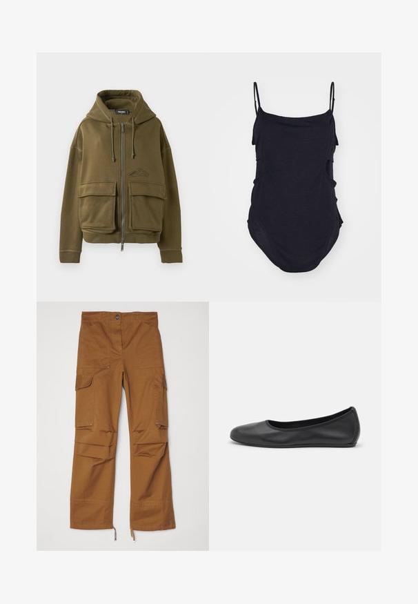 Veste à fermeture éclair vert olive avec cordons de serrage, deux grandes poches avant à rabat, poignets côtelés et un petit logo sur la poitrine gauche.; Haut sans manches noir avec des bretelles fines, fabriqué en tissu doux. Présente des côtés drapés et un ourlet arrondi pour un ajustement décontracté.; Pantalons cargo marron avec une coupe droite, plusieurs poches et des accents zippés au bas. Fabriqués en tissu durable.; Ballerines en cuir noir avec un bout rond, texture lisse, détails de couture minimalistes et design de semelle flexible.