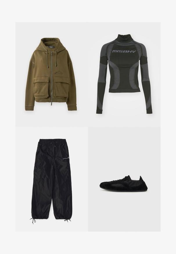 Oliven grøn zip-up hættetrøje med snoretræk, to store frontlommer med klap, ribbede manchetter og et lille logo på venstre bryst.; Sort langærmet performance top med høj hals, strækstof og kontrasterende grå linjemønstre med "MISBHV" logoet på fronten.; Sorte cargobukser lavet af blank nylon med elastisk talje, justerbar snor, sidelommer og elastiske manchetter.; Sort letvægts-sneaker med ruskindsdetaljer, elastisk ankel og tynd sål, vist i profil på en ensfarvet baggrund.