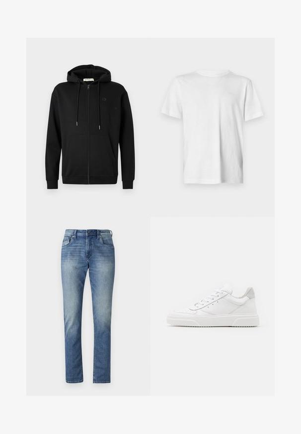 Zwarte zip-up hoodie met voorzakken, verstelbare trekkoordcapuchon en subtiel logo op de linkerkant van de borst tegen een effen witte achtergrond.; Witte T-shirt met korte mouwen van zachte katoen, met een ronde hals en subtiele reliëf logo detail op de linkerkant van de borst.; Blauwe vervaagde slim-fit jeans voor heren met voorzakken en riemlussen op een effen witte achtergrond.; Witte leren sneakers met een gladde afwerking, ronde neus, platte veters en een gestructureerde zool. Grijze suède accent bij de hiel.