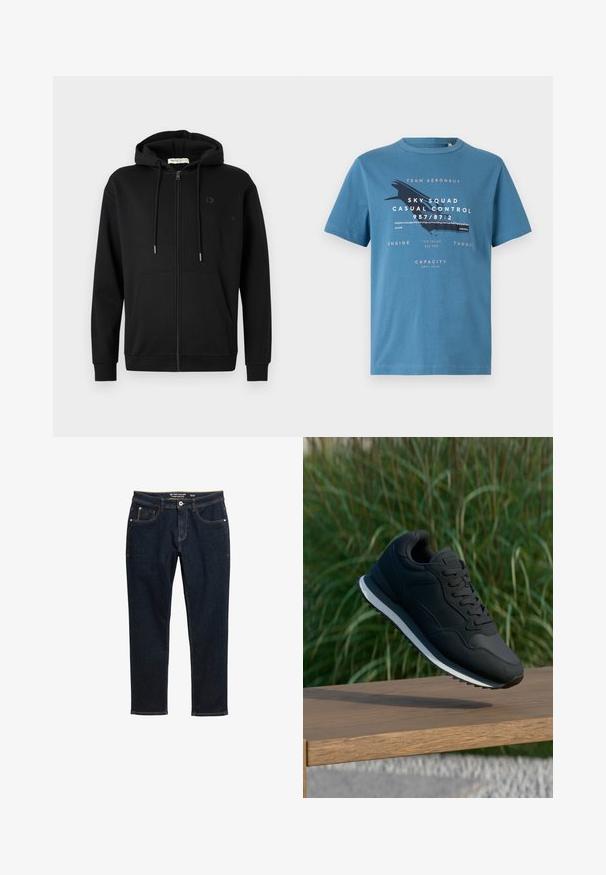 Zwarte zip-up hoodie met voorzakken, verstelbare trekkoordcapuchon en subtiel logo op de linkerkant van de borst tegen een effen witte achtergrond.; Blauwe katoenen t-shirt met korte mouwen, met grafische tekst en een vliegtuigontwerp aan de voorkant. Ronde hals en reguliere pasvorm.; Donkerblauwe rechtgesneden spijkerbroek met voor- en achterzakken, knoopsluiting en riemlussen.; Zwarte sportieve schoen met een gestructureerde bovenkant, vetersluiting en contrasterende witte tussenzool; in de lucht weergegeven boven een houten oppervlak.