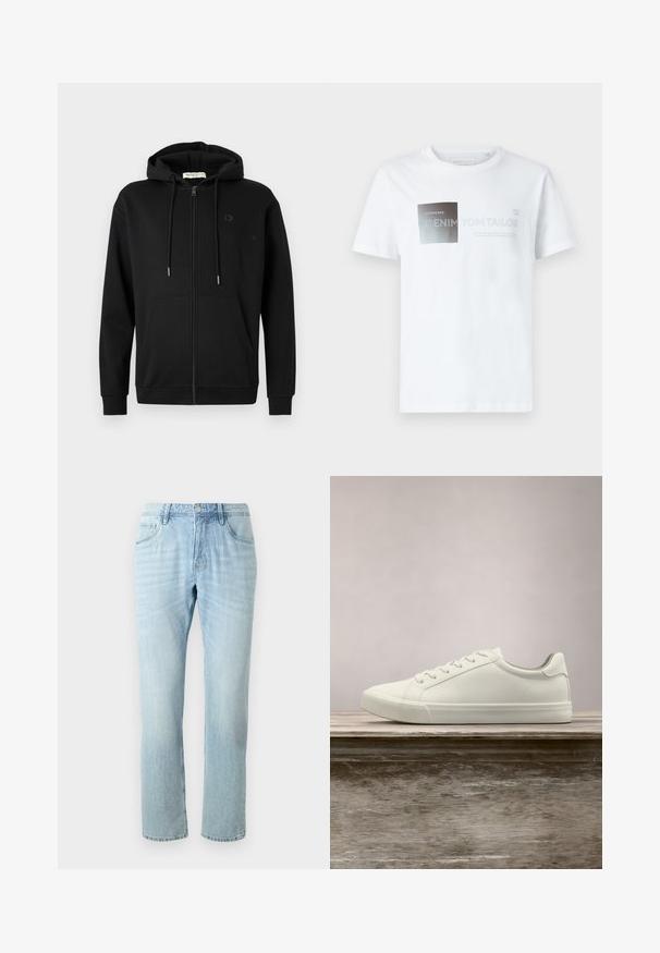 Sudadera con cremallera negra, con bolsillos frontales, capucha ajustable con cordón y un logotipo sutil en el lado izquierdo del pecho, sobre un fondo blanco liso.; Camiseta de algodón blanca de manga corta con un diseño gráfico en negro y gris con texto. Cuello redondo, ajuste relajado, textura suave.; Jeans de mezclilla azul claro con un diseño de pierna recta, que cuentan con cinco bolsillos, un ligero desgaste y un botón de metal en la cinturilla.; Zapatilla blanca con cordones flotando sobre un banco de madera con follaje verde al fondo, mostrando el diseño y la textura del zapato.