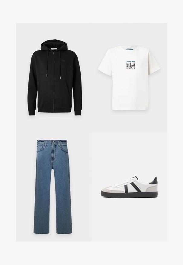 Zwarte zip-up hoodie met voorzakken, verstelbare trekkoordcapuchon en subtiel logo op de linkerkant van de borst tegen een effen witte achtergrond.; Witte T-shirt met korte mouwen met een kleine afbeelding van vijf wandelende Pan Am bemanningsleden en het blauwe Pan Am-logo.; Blauwe straight-leg spijkerbroek met vijf zakken, riemlussen en knoopsluiting, weergegeven op een witte achtergrond.; Witte sneaker met zwarte en grijze accenten, voorzien van een grijze neus met textuur, zwarte rubberen zool en platte witte veters. Schoon ontwerp, minimalistische stijl.
