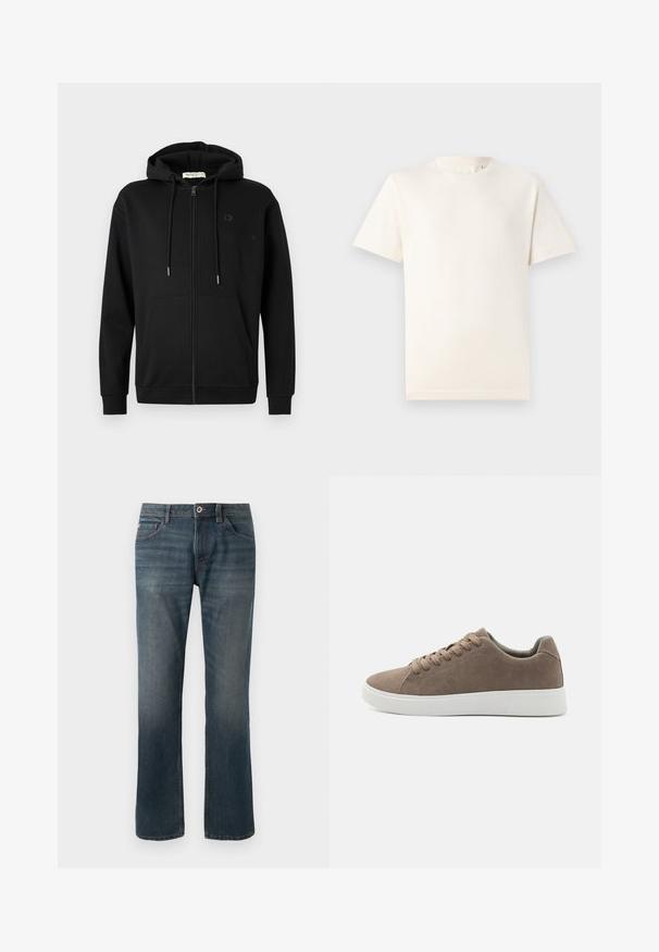 Sudadera con cremallera negra, con bolsillos frontales, capucha ajustable con cordón y un logotipo sutil en el lado izquierdo del pecho, sobre un fondo blanco liso.; TOM TAILOR BASIC CREW NECK - Camiseta básica - smooth light sand; Jeans de mezclilla azul oscuro con un diseño de pierna recta. Las características incluyen cinco bolsillos, costuras de contraste y un cierre frontal con botón y cremallera.; Zapatillas de ante marrón con suelas de goma blanca planas, diseño de cordones, punta redondeada y una textura suave. Estilo minimalista con sutiles detalles de costura.