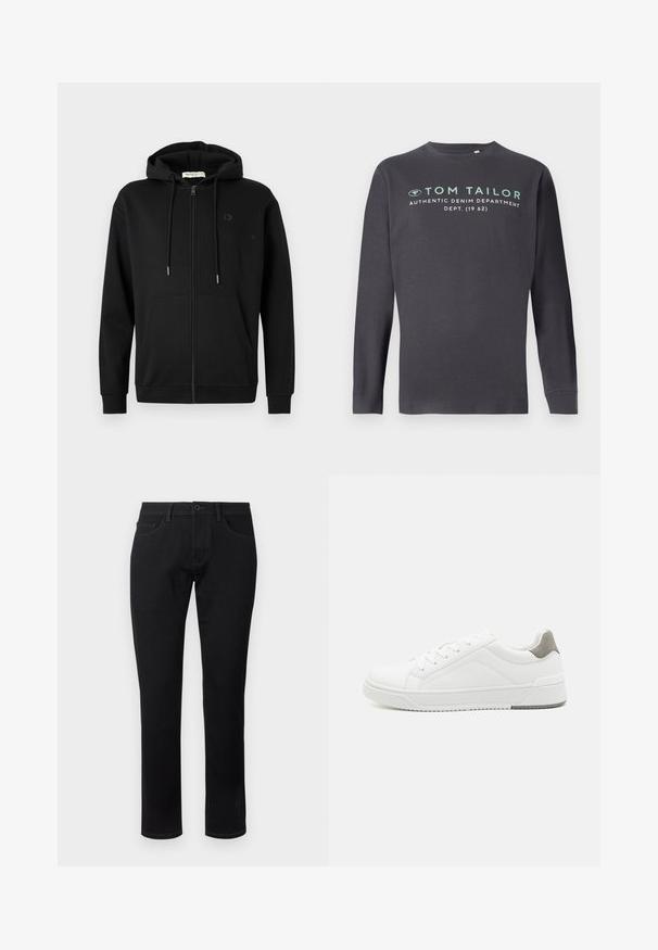 Schwarze Zip-Hoodie mit Fronttaschen, verstellbarem Kordelzug an der Kapuze und dezentem Logo auf der linken Brust vor einem schlichten weißen Hintergrund.; TOM TAILOR PRINTED - Langarmshirt - tarmac grey; TOM TAILOR TTJOSH REGULAR SLIM FIT - Jeans Tapered Fit - black denim; Weißer Sneaker aus glattem Leder, runde Zehenpartie, minimalistisches Design, graue Fersenkante und strukturierte Gummisohle.