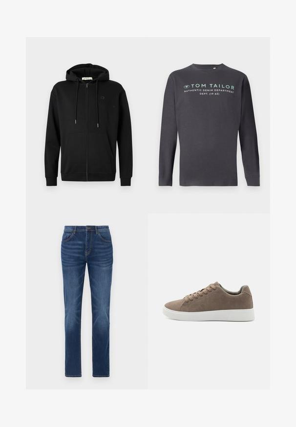 Sort zip-up hoodie med frontlommer, justerbar snøre i hætten og diskret logo på venstre bryst mod en ensfarvet hvid baggrund.; TOM TAILOR PRINTED - Langærmet T-shirt - tarmac grey; Mørkeblå denimjeans med en klassisk lige pasform, fem-lomme design og let falmede detaljer på benene. Har knap- og lynlåslukning.; Brune ruskinds sneakers med flade hvide gummisåler, snørelukning, rund tå og en glat overflade. Minimalistisk stil med diskrete syninger.