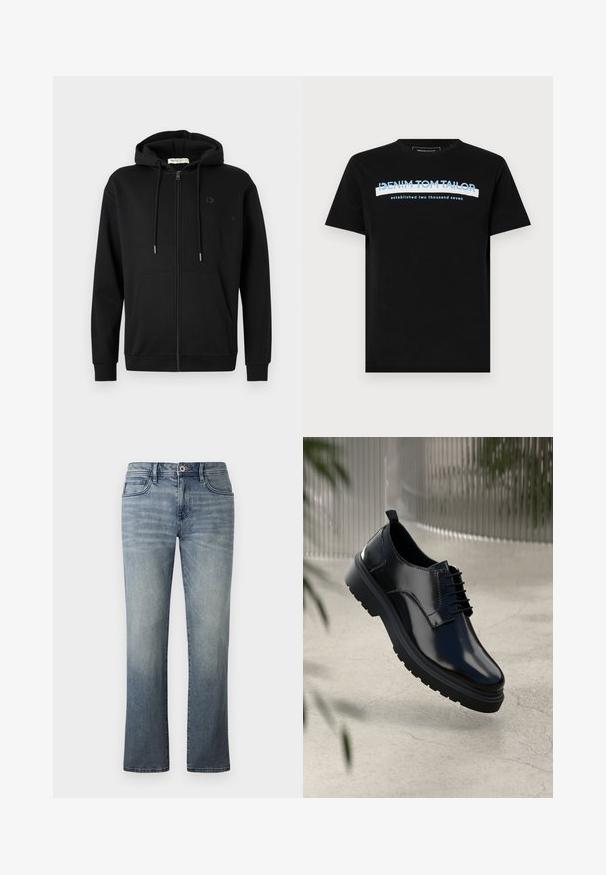 Sort zip-up hoodie med frontlommer, justerbar snøre i hætten og diskret logo på venstre bryst mod en ensfarvet hvid baggrund.; Sort bomulds T-shirt med rund halsudskæring, med blå og hvid tekst: "DENIM TOM TAILOR grundlagt to tusinde syv."; Lysvasket denimbukser med lige ben, fem-lomme stil, metalknaplukning og subtile falmede detaljer.; Sorte lædersko med en blank overflade, rund tå, snøredesign, kontrastsyninger og en tyk gummisål med mønster.