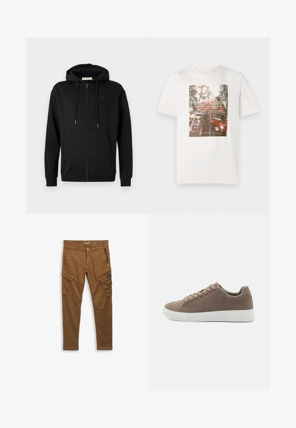 Sudadera con cremallera negra, con bolsillos frontales, capucha ajustable con cordón y un logotipo sutil en el lado izquierdo del pecho, sobre un fondo blanco liso.; TOM TAILOR PHOTO PRINT - Camiseta estampada - gardenia white; Pantalones cargo rectos color marrón con botón frontal, trabillas para cinturón, bolsillos laterales y traseros, y cierres con solapa en los bolsillos de los muslos.; Zapatillas de ante marrón con suelas de goma blanca planas, diseño de cordones, punta redondeada y una textura suave. Estilo minimalista con sutiles detalles de costura.
