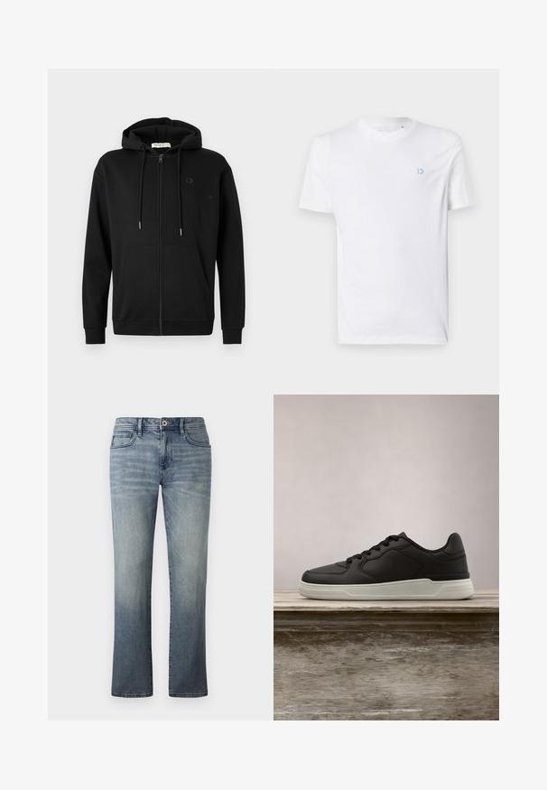 Sudadera con cremallera negra, con bolsillos frontales, capucha ajustable con cordón y un logotipo sutil en el lado izquierdo del pecho, sobre un fondo blanco liso.; Camiseta de algodón blanca con cuello redondo y mangas cortas, con un logotipo azul claro en el lado izquierdo del pecho. Textura suave, diseño simple.; Jeans de denim de lavado claro con un diseño de pierna recta, estilo de cinco bolsillos, cierre con botón metálico y un sutil detalle envejecido.; Zapatilla negra con suela blanca suspendida sobre un banco de madera, con follaje verde en el fondo desenfocado.