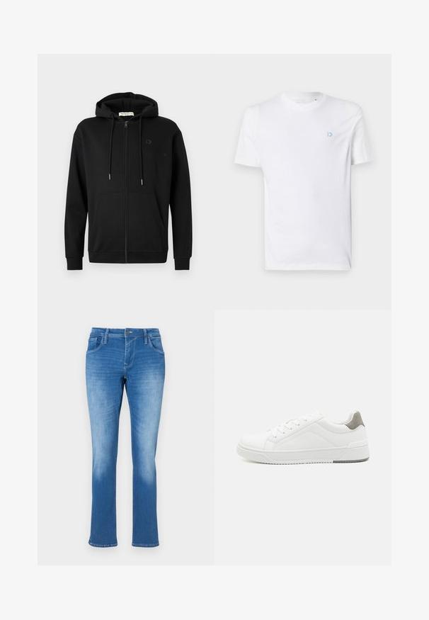 Zwarte zip-up hoodie met voorzakken, verstelbare trekkoordcapuchon en subtiel logo op de linkerkant van de borst tegen een effen witte achtergrond.; Witte katoenen t-shirt met een ronde halslijn en korte mouwen, voorzien van een lichtblauw logo op de linkerkant van de borst. Glad textuur, eenvoudig ontwerp.; Blauwe denim jeans met een rechte pijp, uitgerust met vijf zakken, een ritssluiting en contrasterende stiksels. De stof heeft een gemiddelde wassing met vervaging.; Witte sneaker van glad leer met een ronde neus, minimalistisch ontwerp, grijze hielaccent en een geplaatste rubberen zool.