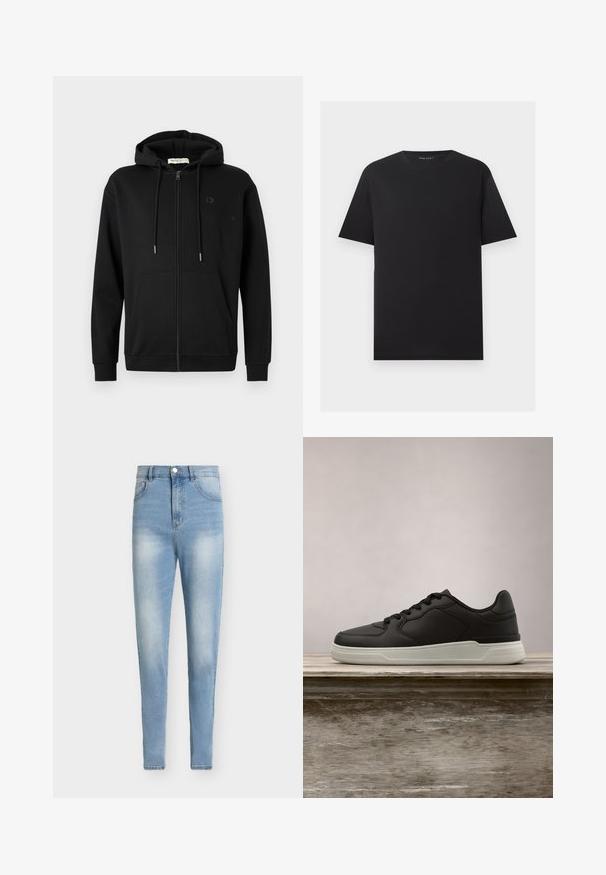 Sudadera con cremallera negra, con bolsillos frontales, capucha ajustable con cordón y un logotipo sutil en el lado izquierdo del pecho, sobre un fondo blanco liso.; Camiseta negra de manga corta con cuello redondo y diseño liso, mostrada plana sobre un fondo gris claro.; Vaqueros de tejido denim azul claro de tiro alto. Corte entallado con detalles desteñidos, cinco bolsillos y cierre de botón metálico.; Zapatilla negra con suela blanca suspendida sobre un banco de madera, con follaje verde en el fondo desenfocado.