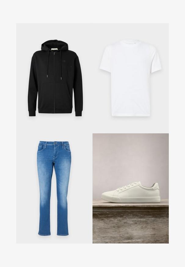 Sort zip-up hoodie med frontlommer, justerbar snøre i hætten og diskret logo på venstre bryst mod en ensfarvet hvid baggrund.; Hvid bomulds t-shirt med rund halsudskæring og korte ærmer. Har et lille, præget logo på venstre bryst. Glat tekstur.; Blå denim jeans med lige ben, der har fem lommer, lynlås og kontrastsyninger. Stoffet har en medium vask med falmning.; Hvide snørresneakers svævende over en træbænk med grønne planter i baggrunden, der fremhæver skodesign og tekstur.