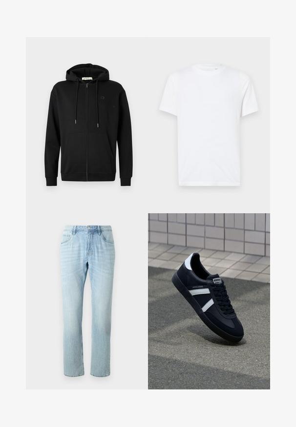Schwarze Zip-Hoodie mit Fronttaschen, verstellbarem Kordelzug an der Kapuze und dezentem Logo auf der linken Brust vor einem schlichten weißen Hintergrund.; Weißes Baumwoll-T-Shirt mit Rundhalsausschnitt und kurzen Ärmeln. Mit einem kleinen, eingeprägten Logo auf der linken Brust. Glatte Textur.; Hellblaue Jeans aus Denim im geraden Schnitt, mit fünf Taschen, dezentem Verblassen und einem Metallknopf am Bund.; Schwarze Leder-Sneaker mit weißen Streifen, strukturiertem Gummisohle und Schnürung. Verfügt über ein Markenetikett auf der Zunge.