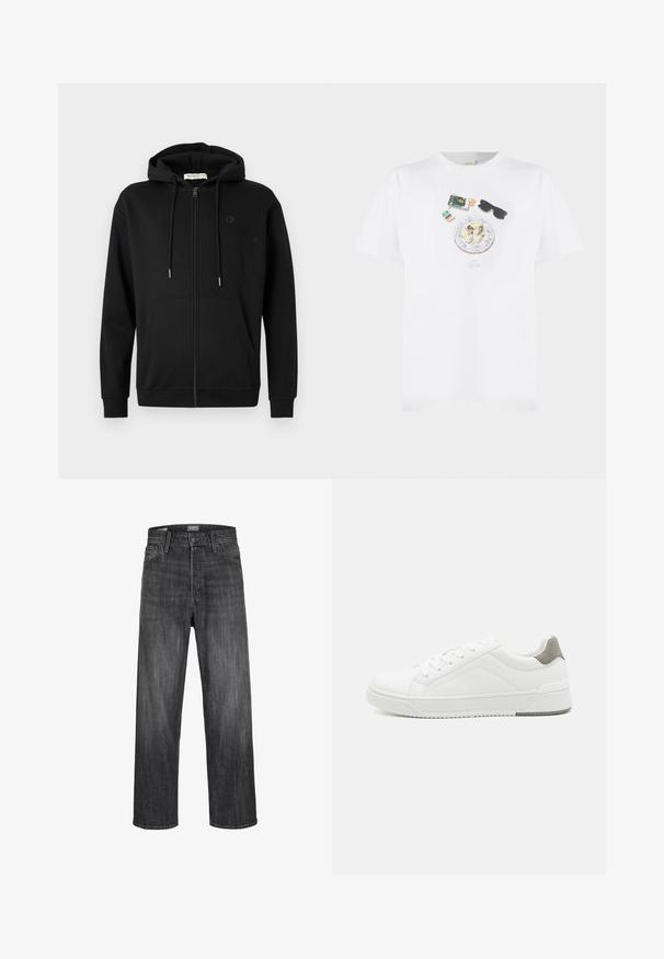 Zwarte zip-up hoodie met voorzakken, verstelbare trekkoordcapuchon en subtiel logo op de linkerkant van de borst tegen een effen witte achtergrond.; Wit T-shirt met afbeelding van een bord met oesters, een polshorloge, een zonnebril en een kleine kalender in het midden aan de voorkant.; Donkergrijze denim jeans met een rechte pasvorm, voorzien van een knoopsluiting, ontwerp met vijf zakken en minimale vervaging in de stofstructuur.; Witte sneaker van glad leer met een ronde neus, minimalistisch ontwerp, grijze hielaccent en een geplaatste rubberen zool.