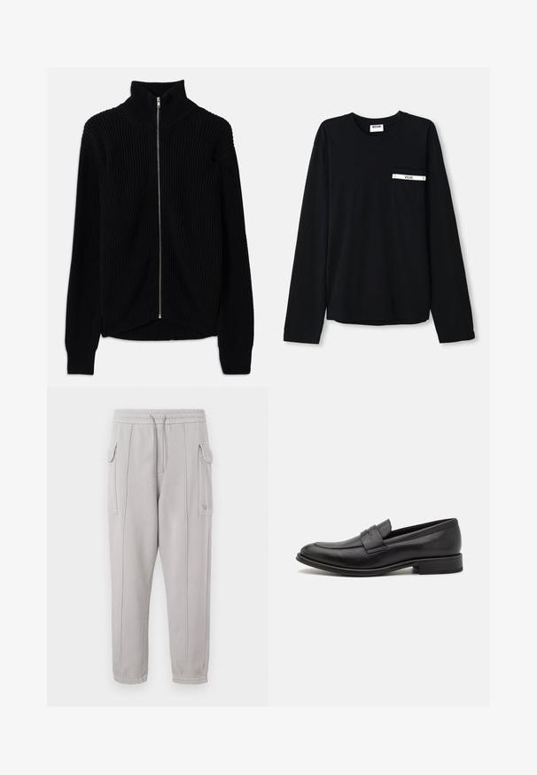 Schwarzer gerippter Pullover mit hohem Kragen und vollem Reißverschluss. Verfügt über einen strukturierten Stoff und einen leicht abgerundeten Saum für einen geschichteten Look.; Schwarzes Langarm-T-Shirt aus Baumwolle. Verfügt über eine frontale Tasche mit weißem Akzentstreifen und Logo. Einfaches, klassisches Design mit Rundhalsausschnitt.; Graue Sweatpants mit elastischem Bund, Seitentaschen und vertikal gesteppten Details entlang der Beine. Aus Baumwollmischung gefertigt.; Schwarze Lederloafer mit glatter Oberfläche, einem dekorativen Riemen über dem Obermaterial, runder Zehenpartie und einem niedrigen, gestapelten Absatz.